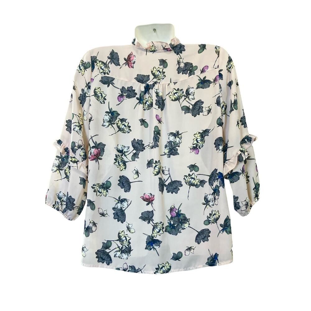 Maurices Womens Lt. Pink Floral Ruffle Neck W/ Crochet Details Blouse | Size S - Picture 2 of 13